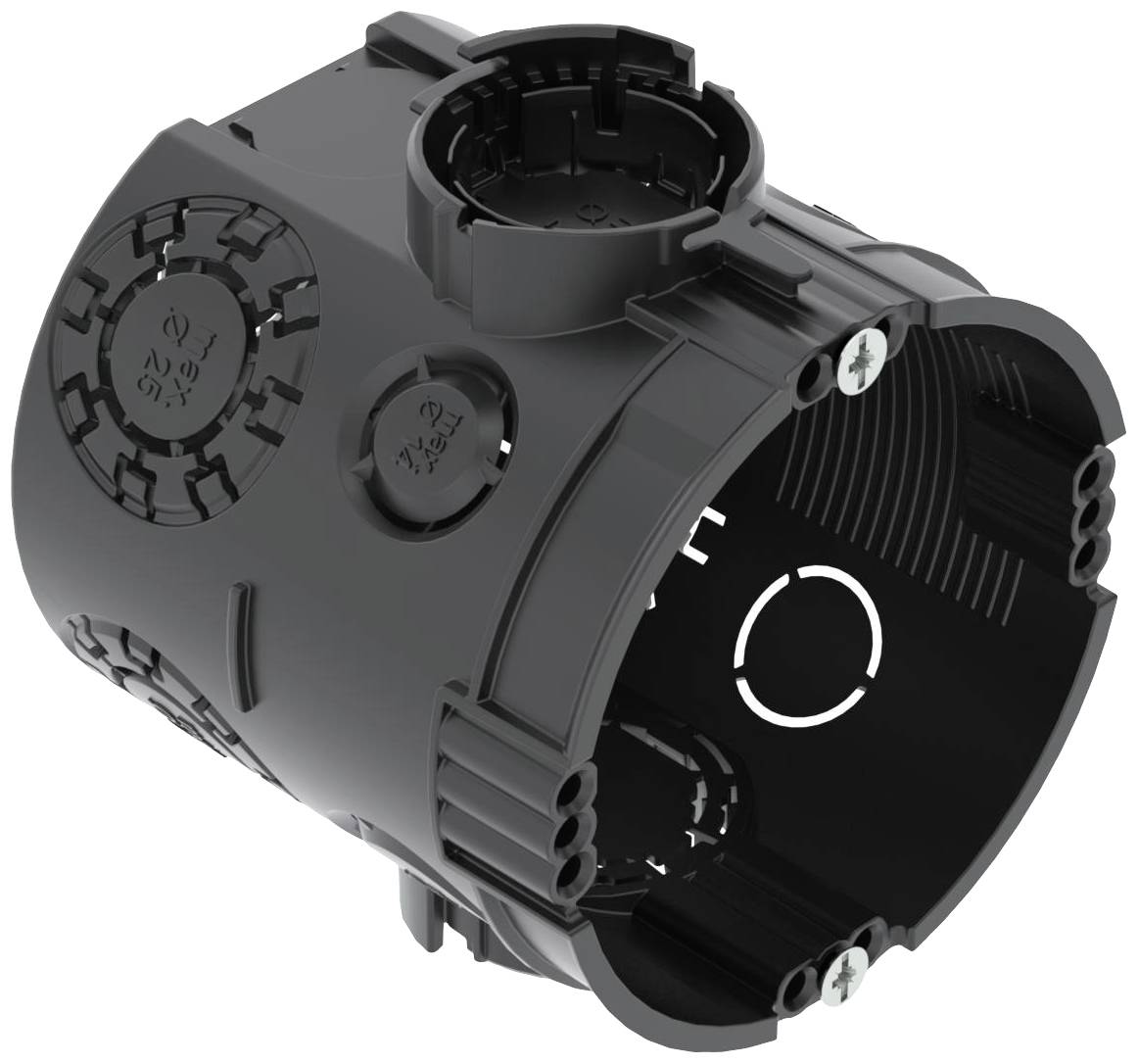 Boîte électrique cylindrique noire avec sorties multiples et éléments de fixation, adaptée aux installations murales.