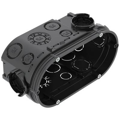 Boîte de connexion en plastique noir avec plusieurs ouvertures circulaires et trous de vis pour le câblage électrique.