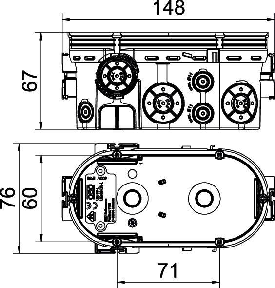 Dessin technique d'un moteur avec des dimensions en millimètres. Les vues de face et de côté présentent des détails mécaniques et des raccordements.