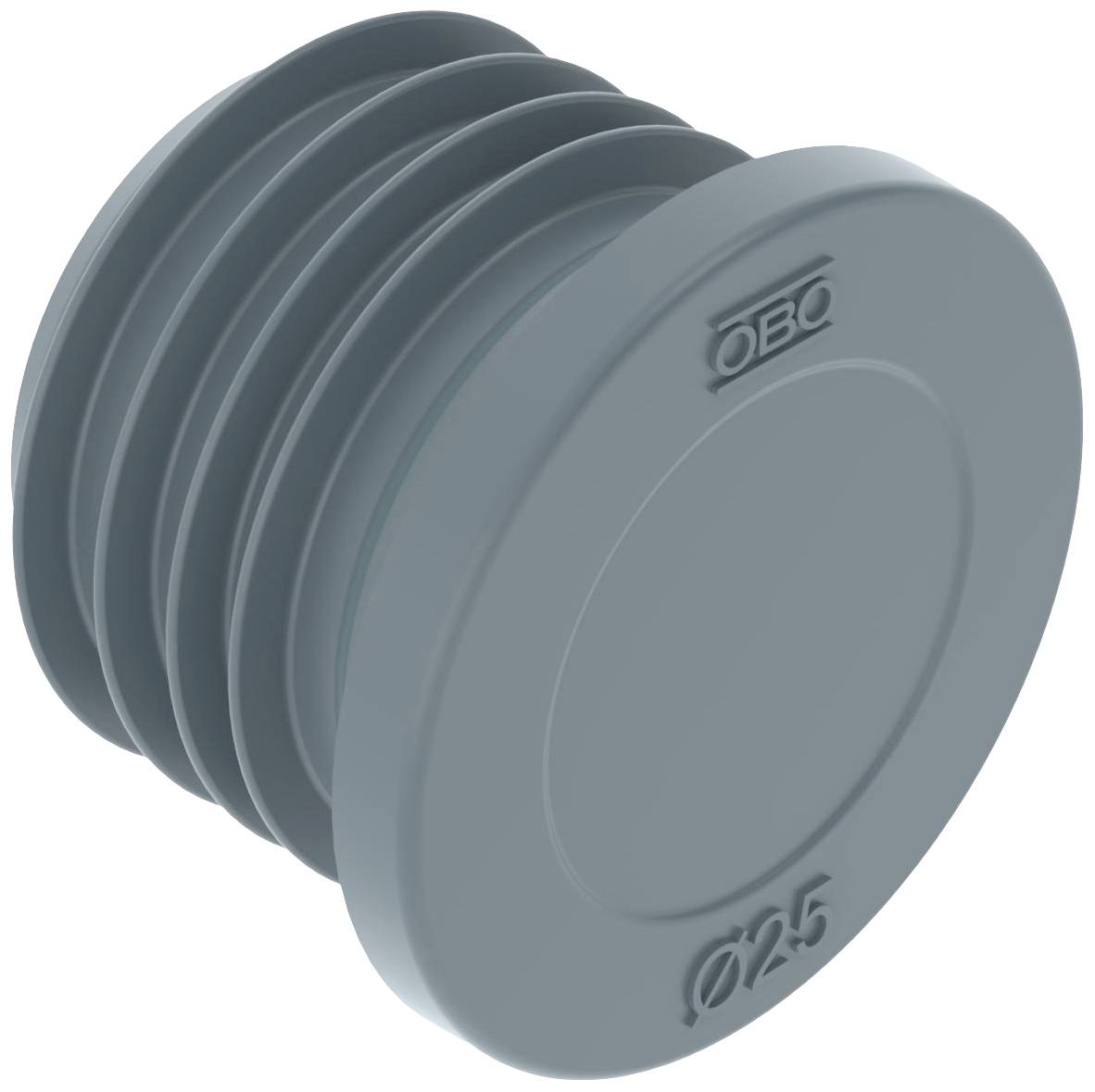 Bouchon en plastique gris rond avec côté strié et marquage 'OBO, Ø25' sur la surface plane, utilisé pour obturer des tubes.