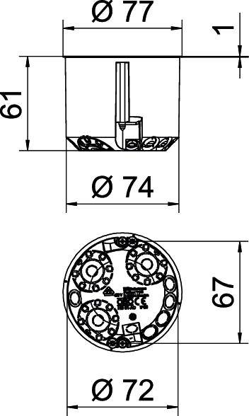 Dessin technique d'un objet rond avec les dimensions suivantes : diamètre supérieur 77 mm, diamètre inférieur 74 mm, hauteur 61 mm, diamètre 72 mm.
