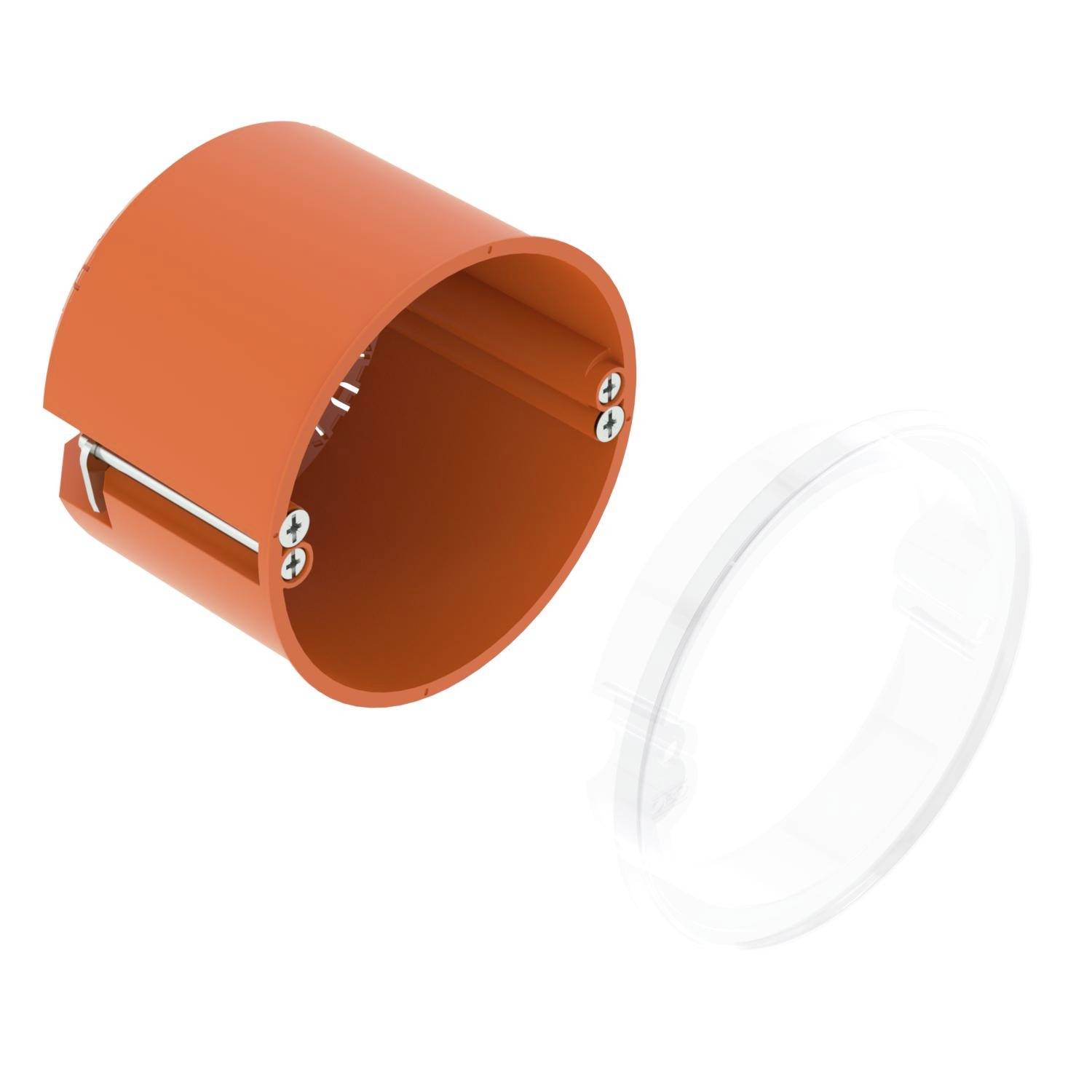 Un tuyau en plastique orange avec des vis, à côté d'un couvercle transparent. Probablement un composant pour installations électriques.