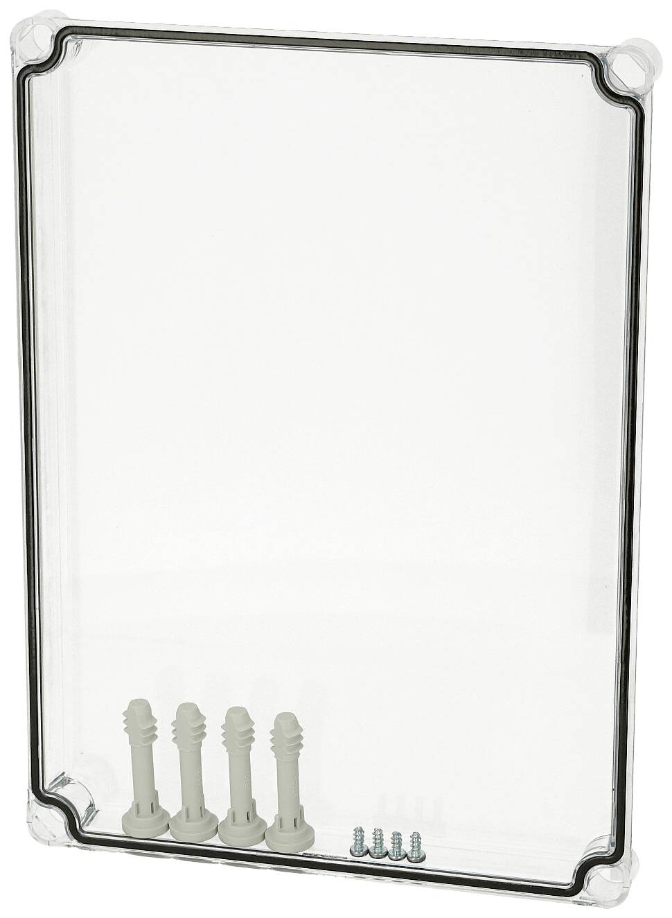 Boîtier rectangulaire en plastique transparent avec couvercle frontal amovible ; contient quatre supports et quatre vis.