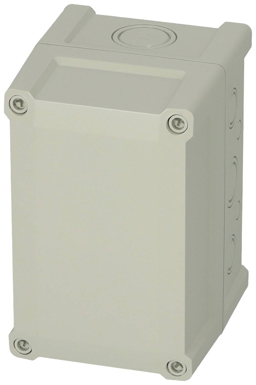 Boîtier rectangulaire en plastique gris avec des coins arrondis et des vis dans les quatre coins pour la fixation sur une surface.