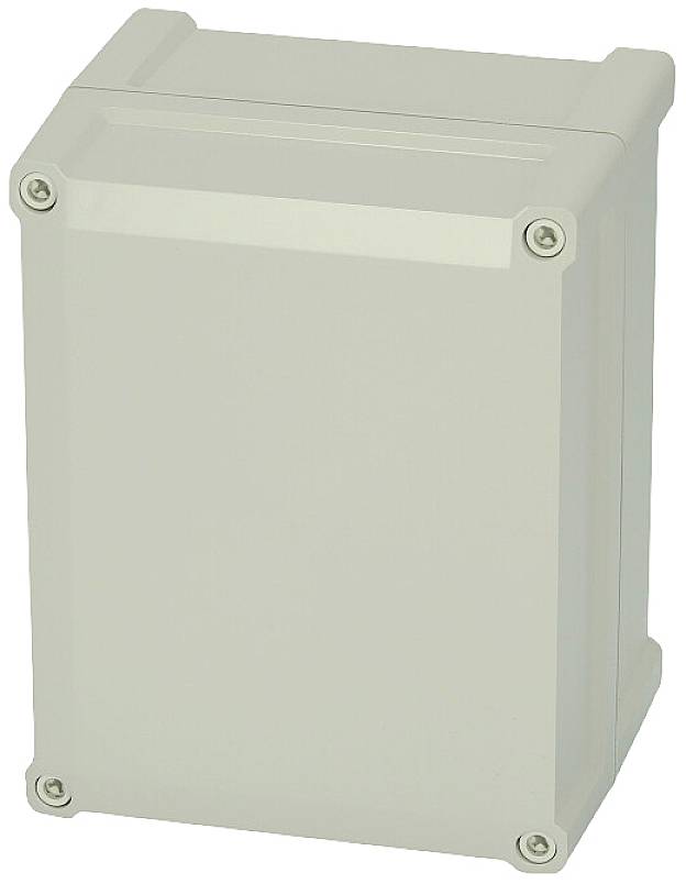 Un boîtier rectangulaire gris avec des coins arrondis et quatre vis de fixation, adapté pour le logement de composants électroniques.