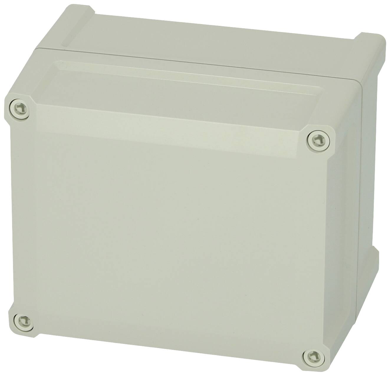 Un boîtier en plastique gris clair, rectangulaire, avec des coins arrondis et quatre vis situées aux angles pour la fixation.