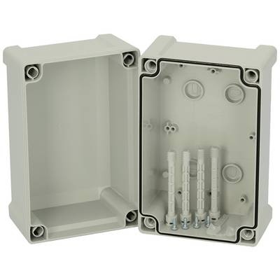 Un boîtier électronique blanc rectangulaire en plastique avec un couvercle amovible, montrant l'intérieur vide et quatre vis verticales.