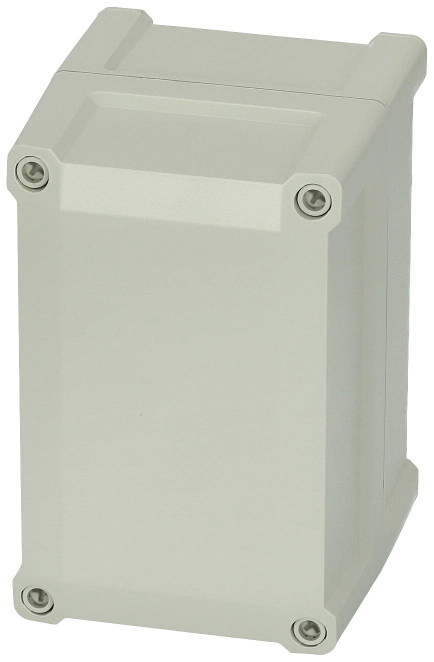 Boîte rectangulaire en plastique gris-blanc avec quatre vis métalliques aux coins.