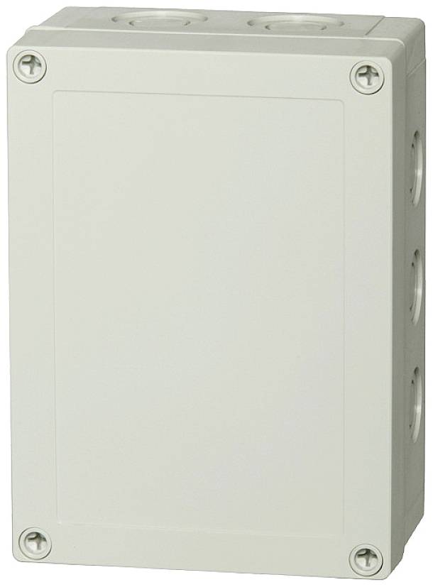 Boîte de dérivation en plastique grise avec fermetures à vis aux angles, adaptée aux installations électriques intérieures et extérieures.