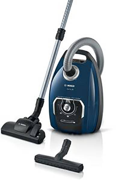 Un aspirateur bleu avec une buse noire et un embout brosse supplémentaire, debout, avec un logo de marque à l'avant.
