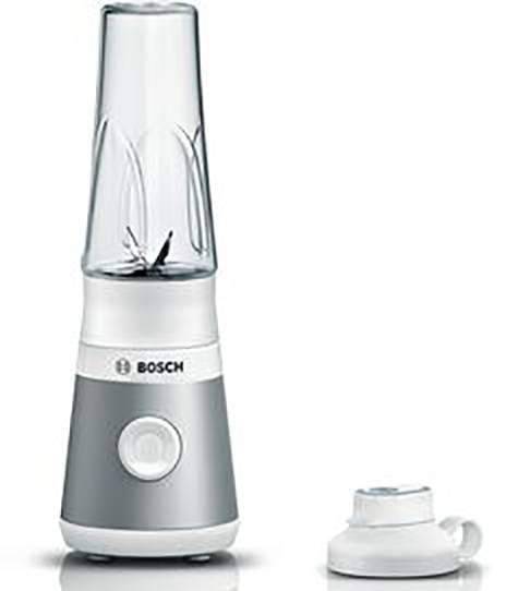 Mixeur sur socle compact gris avec couvercle amovible, adapté pour smoothies et milkshakes. Marqué du logo Bosch.