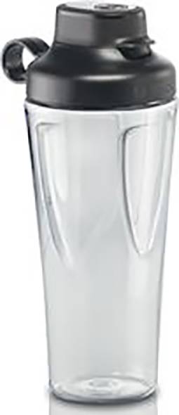Un shaker en plastique transparent avec un couvercle noir. Adapté pour mélanger des boissons ou des smoothies.