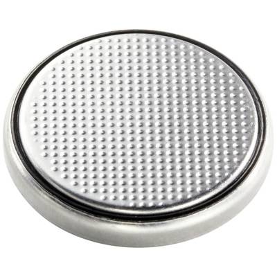 Pile bouton ronde à surface métallique texturée, souvent utilisée comme batterie dans les petits appareils électroniques.