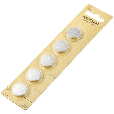 Lot de cinq piles bouton 'Voltcraft', type CR2450, tension 3V, 620 mAh. Emballage en carton brun avec fenêtre transparente.