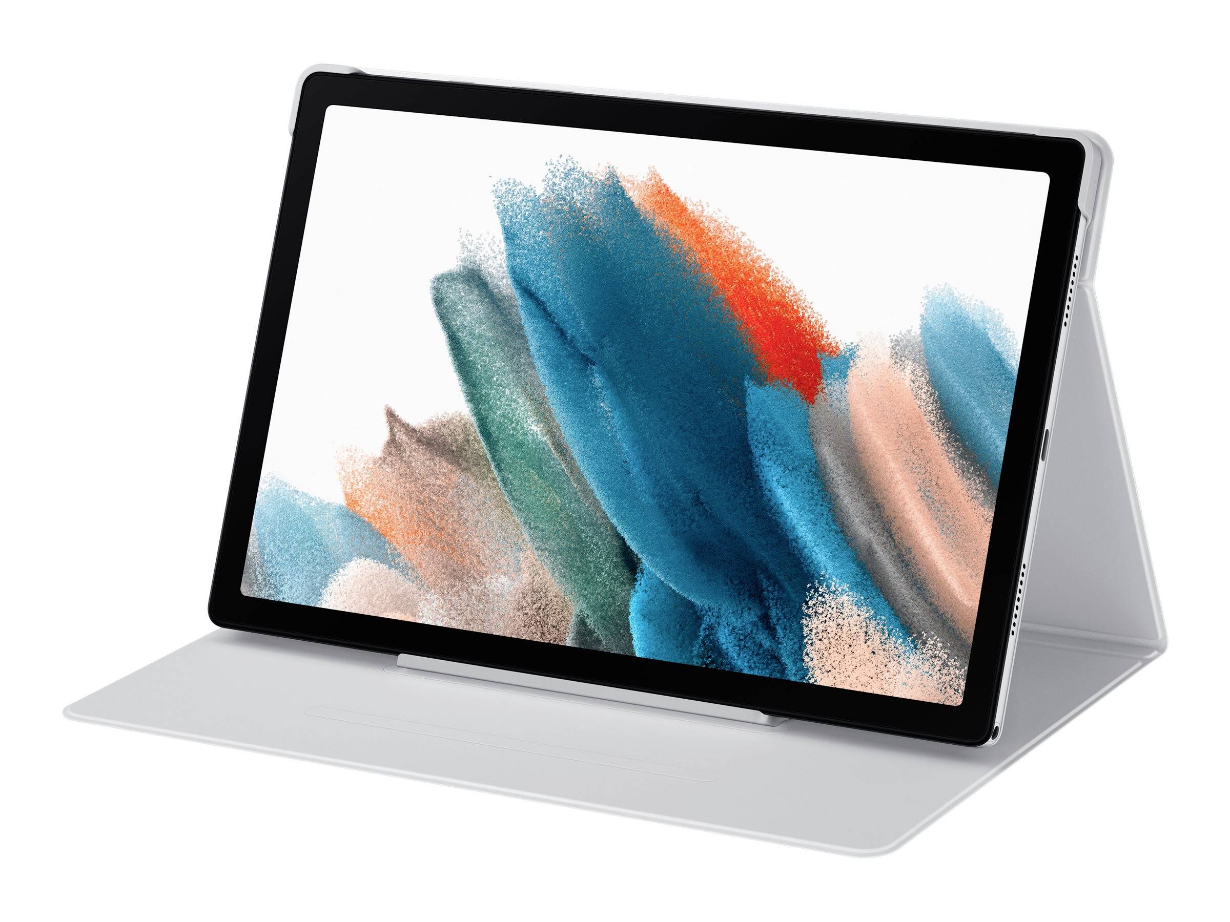 Une tablette est posée dans une housse blanche, son écran affichant un motif abstrait et coloré dans des tons de bleu, d'orange et de brun.