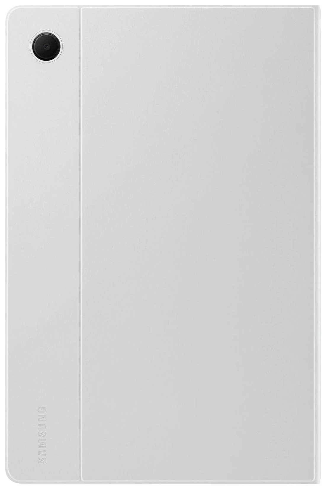 Une tablette argentée avec une caméra dans le coin supérieur gauche de l'arrière. Le nom de la marque est situé verticalement sur le bord.