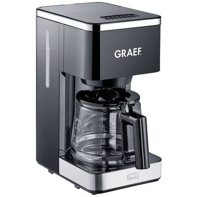 Machine à café en acier inoxydable avec carafe en verre, design noir et commandes sur le dessus. Nom de marque 'Graef' sur la face avant.