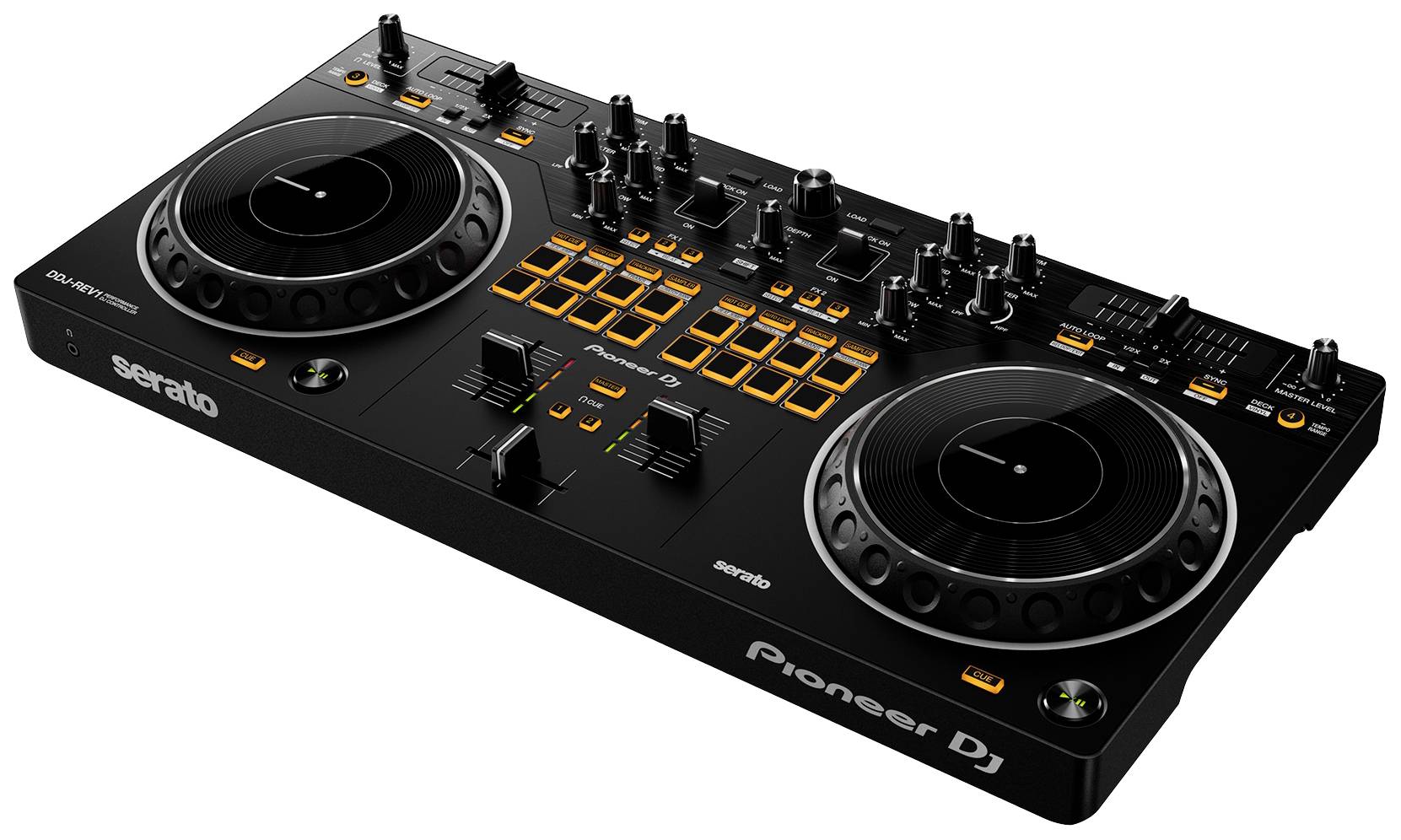 Contrôleur DJ avec deux simulateurs de platines vinyles, des jogwheels et plusieurs éléments de commande. Appareil de Serato et Pioneer DJ.