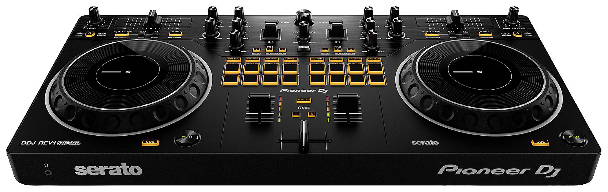 Contrôleur DJ avec deux platines vinyles, plusieurs boutons rotatifs et touches, design noir. Utilisé pour le mixage et le contrôle musical.