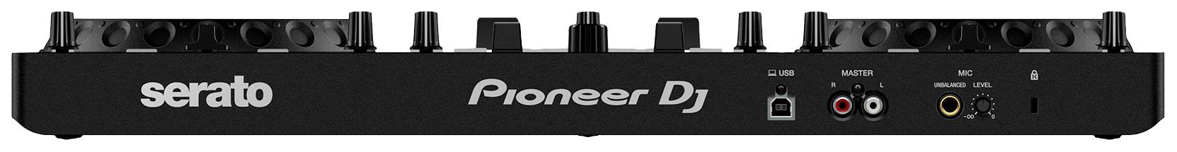 Contrôleur DJ avec les logos de marques 'Serato' et 'Pioneer DJ'. Le dos présente différentes connexions : audio, USB, RCA et jack.
