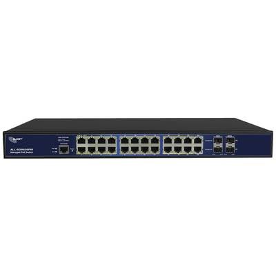 Commutateur PoE géré avec 24 ports Ethernet et quatre ports à fibre optique, adapté aux connexions réseau. Noir, positionné sur une table.