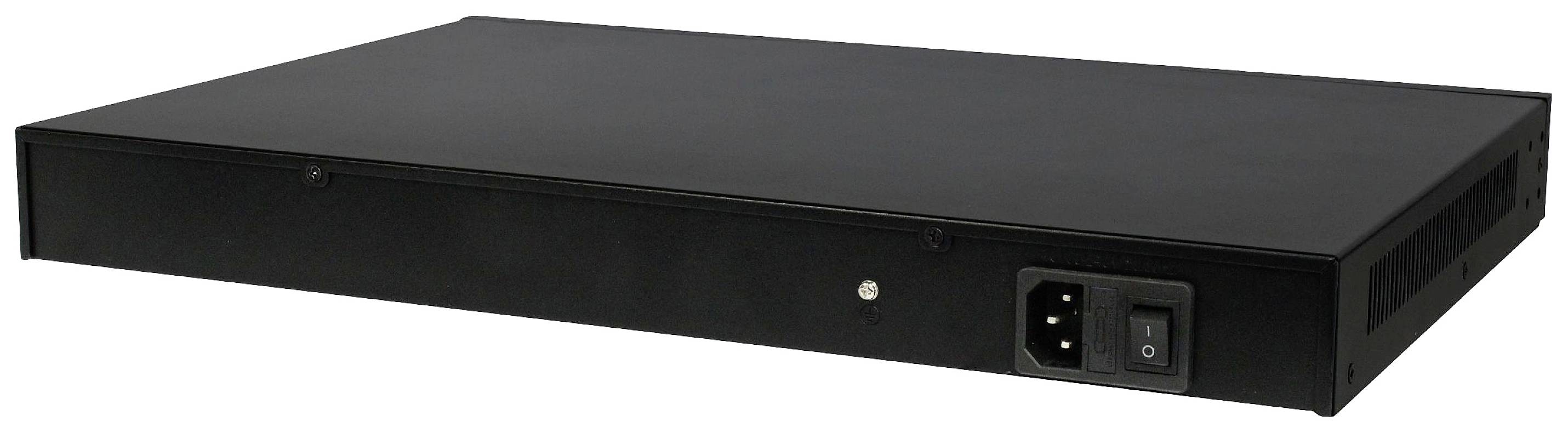 Un appareil électronique rectangulaire noir avec un interrupteur marche/arrêt sur le devant et une entrée pour le câble d'alimentation.