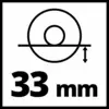 '33 mm' en gras. Au-dessus, un schéma schématique d'un outil avec une ligne et deux cercles. La ligne indique la distance.