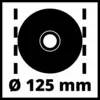 Symbole d'une lame de scie circulaire de 125 mm de diamètre, représenté par un cercle noir sur fond blanc.