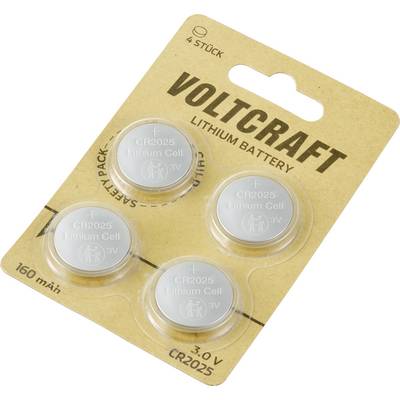 Pack de quatre piles lithium Voltcraft CR2025, chacune de 3V et 160mAh, dans des emplacements circulaires sur un support en carton étiqueté « SAFETY PACK ».