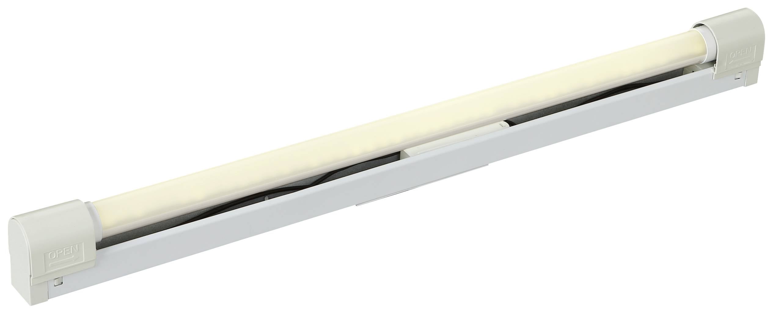 Tube fluorescent unique dans un support clair, orienté horizontalement. Idéal pour l'éclairage des espaces intérieurs.