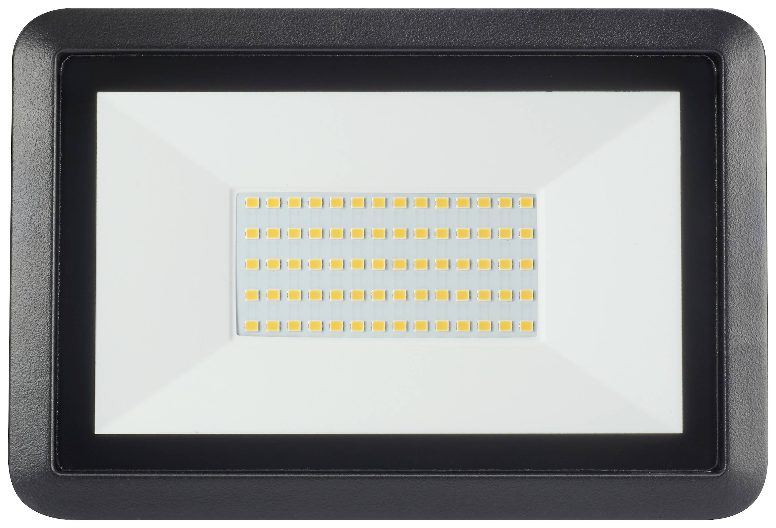 Projecteur LED avec boîtier rectangulaire et 48 petites diodes lumineuses au centre, entouré d'un bord noir.