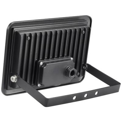 Un projecteur LED rectangulaire noir avec boîtier nervuré et support réglable pour la fixation.