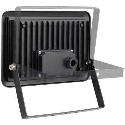 Un projecteur noir à LED avec support ajustable, vu de l'arrière. Il présente un boîtier texturé aux lignes rectangulaires.