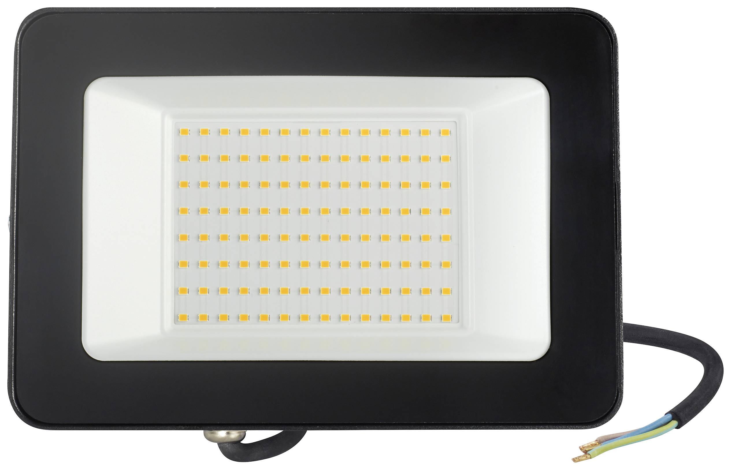Projecteur LED avec cadre rectangulaire noir et motif LED jaune au centre. Un câble sort sur le côté. Idéal pour l'éclairage extérieur.