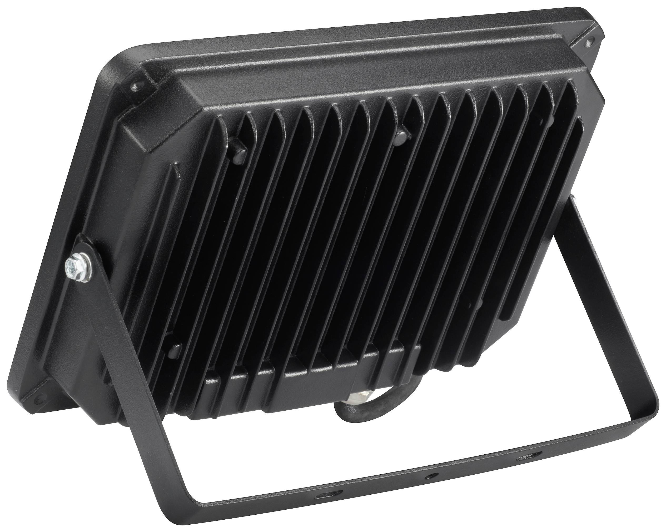 Un projecteur LED noir avec des ailettes de refroidissement à l'arrière, monté sur un support métallique orientable.