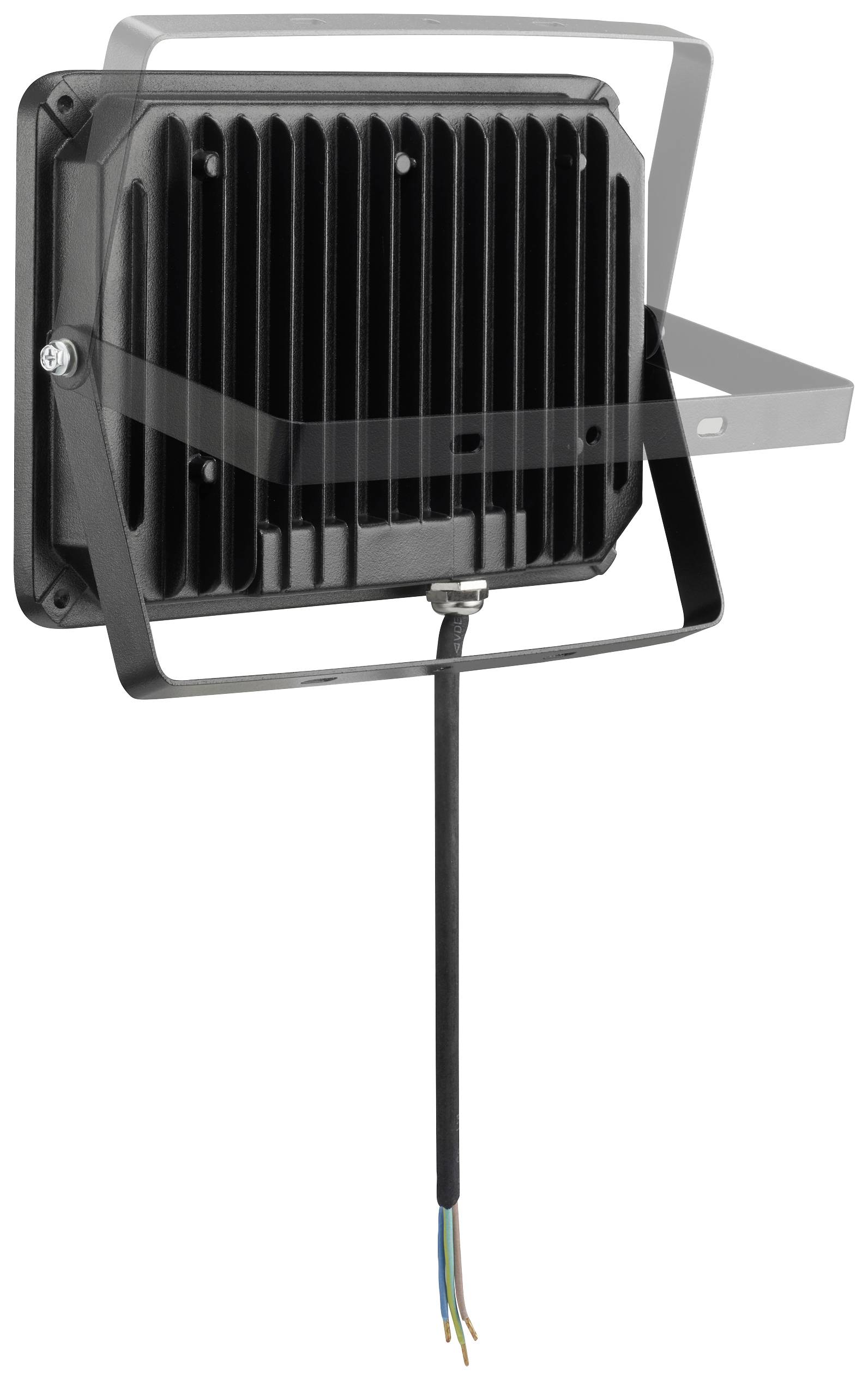 Projecteur LED noir avec ailettes de refroidissement et support, visible de dos avec câble électrique non fixé.