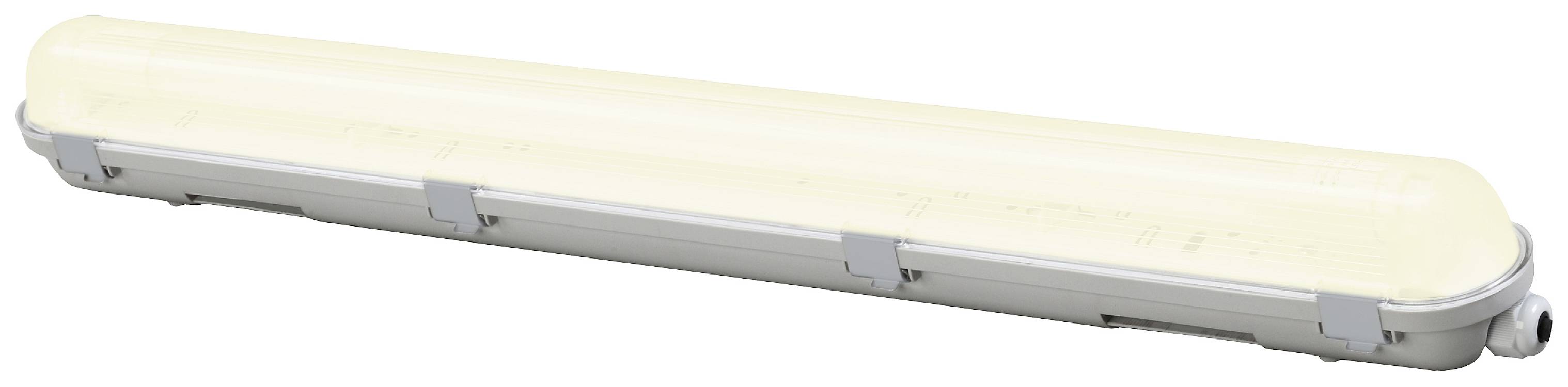 Luminaire LED avec un couvercle blanc et un boîtier gris, orienté horizontalement. Fréquemment utilisé dans des environnements industriels ou commerciaux.