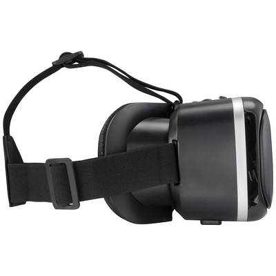 Lunettes de réalité virtuelle noires avec bandeau élastique, vue de côté. Appareil pour expériences de réalité virtuelle.