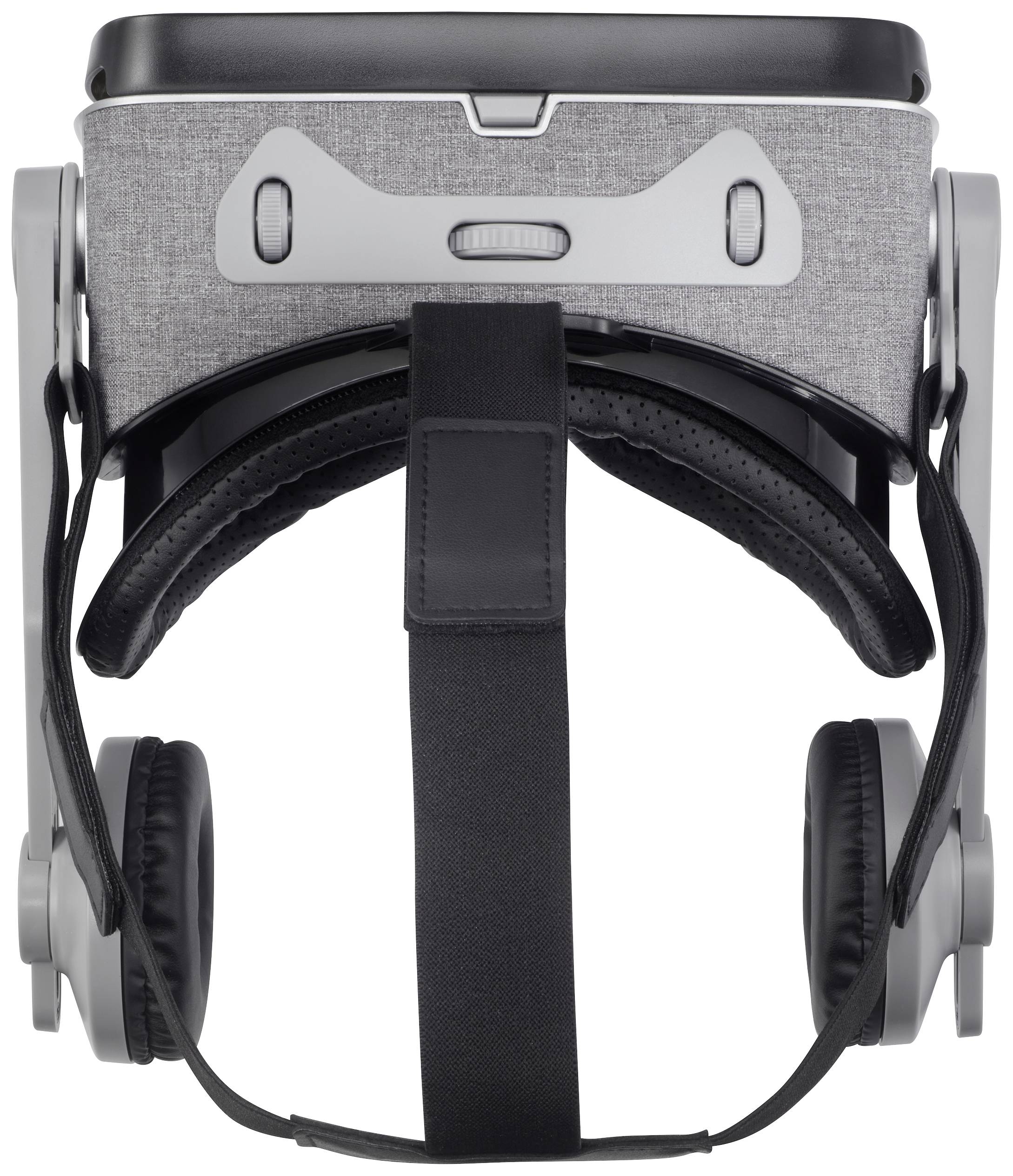 Casque de réalité virtuelle vu de face, recouvert d'un tissu gris, avec un bandeau noir et des écouteurs intégrés, prêt à être utilisé.