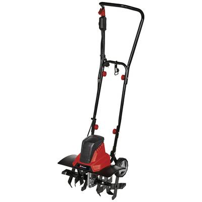 Motoculteur électrique avec boîtier rouge et poignée noire. Il est équipé de plusieurs dents rotatives pour le travail du sol.