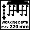 Graphique en noir et blanc d'un équipement agricole. Texte en dessous : 'PROFONDEUR DE TRAVAIL max. 220 mm'.
