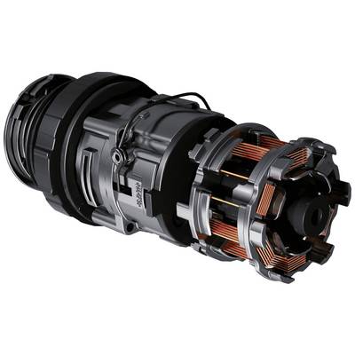 Un cylindre noir technique avec des enroulements couleur cuivre, probablement un composant d'un moteur ou d'une machine.