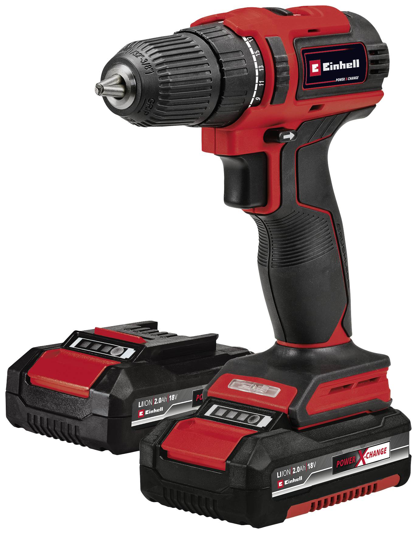 Tournevis-perceuse rouge à batterie avec deux batteries interchangeables sur fond blanc. Adapté aux travaux de bricolage et aux projets de construction.