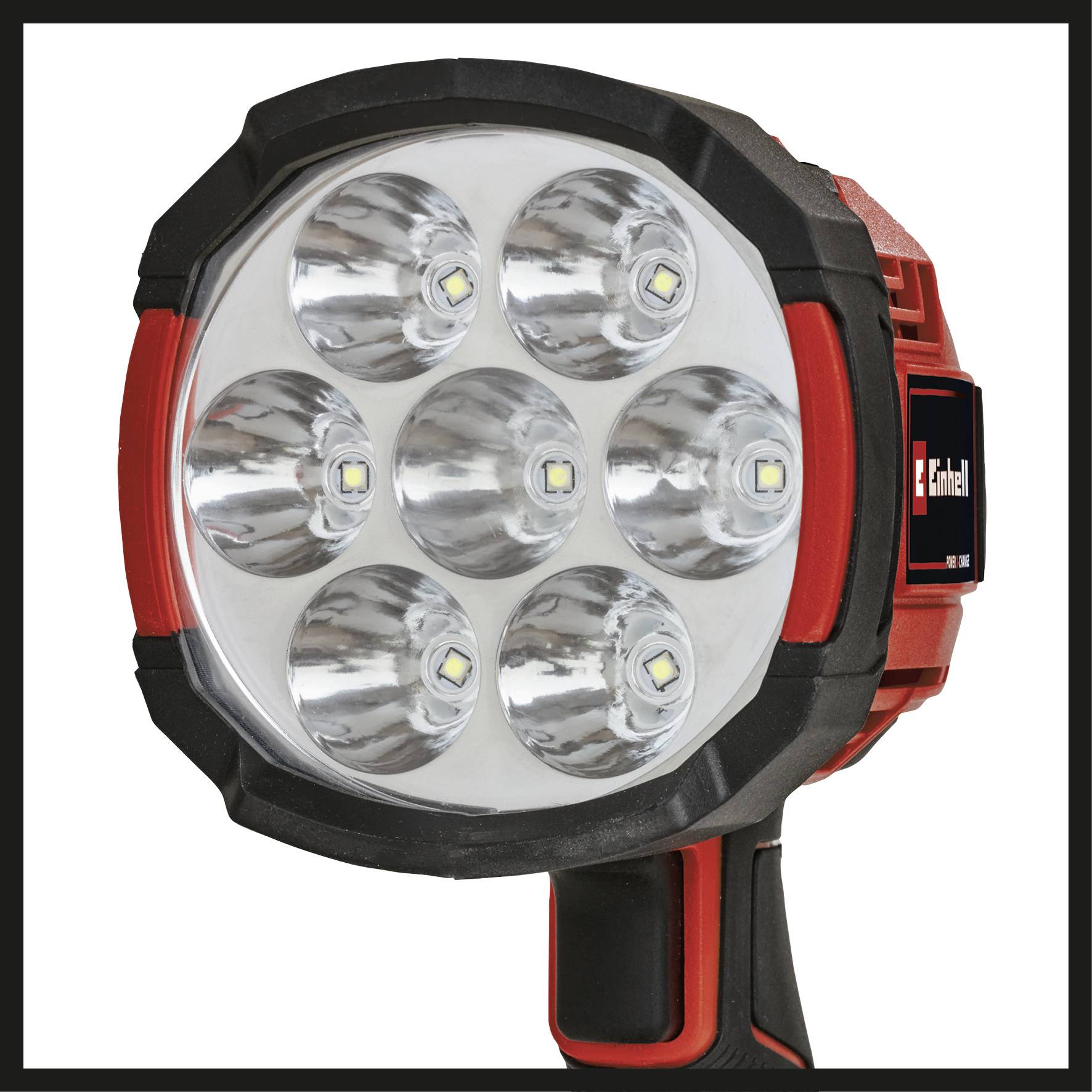 Lampe LED portable avec sept lentilles circulaires. Boîtier noir et rouge. Adaptée pour un éclairage projecteur lumineux ou un éclairage large.