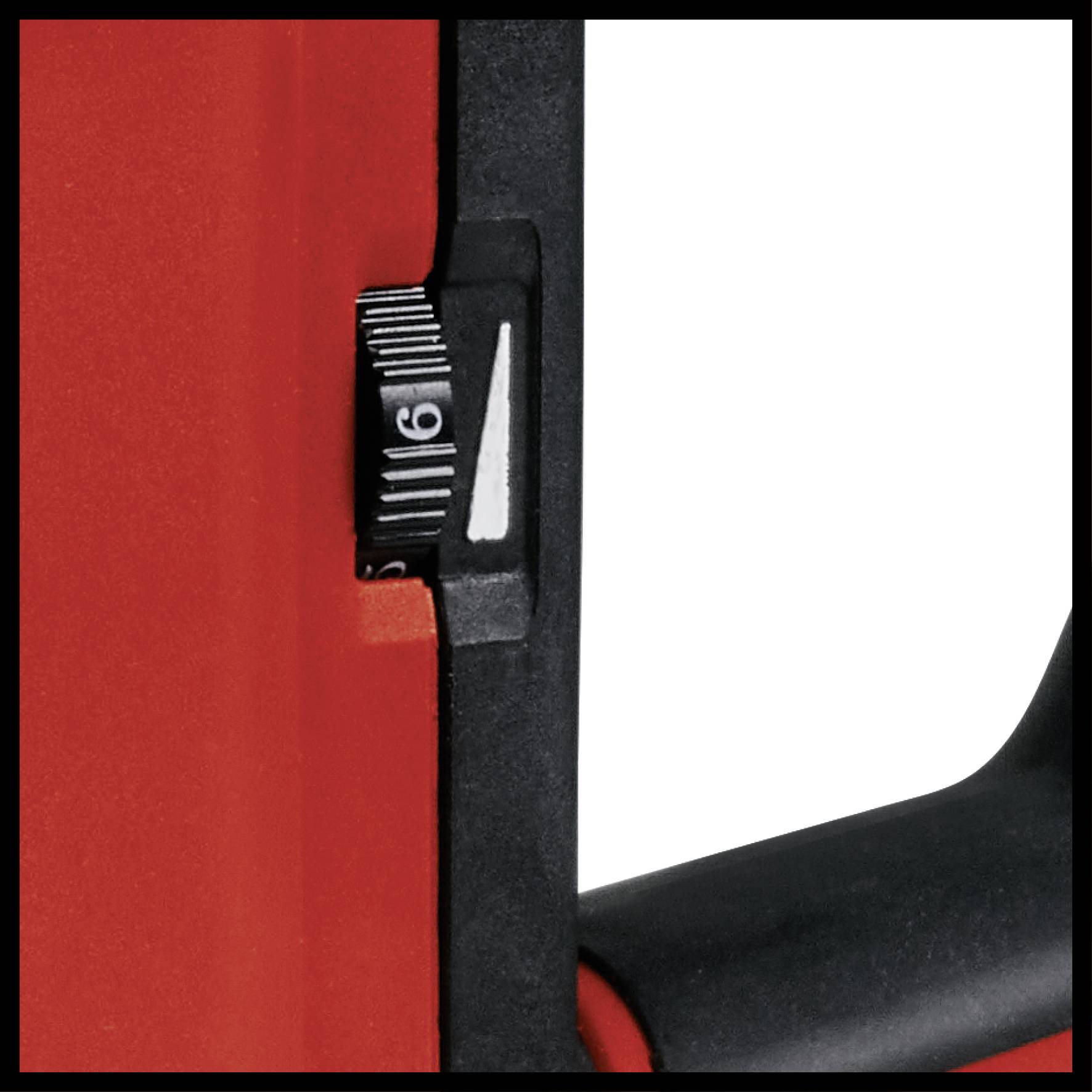 Composant d'outil rouge avec une molette noire réglable affichant les chiffres 1 à 6.