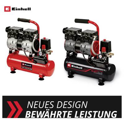 Graphique publicitaire présentant deux compresseurs Einhell, version standard rouge à gauche, version Silent-Plus noire à droite ; en bas le slogan « NOUVEAU DESIGN PERFORMANCES ÉPROUVÉES ».