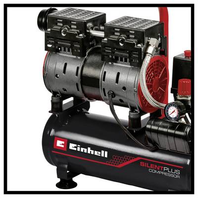Compresseur d'air Black Einhell Silent Plus avec moteurs doubles, manomètre et raccords de commande rouges sur fond blanc.