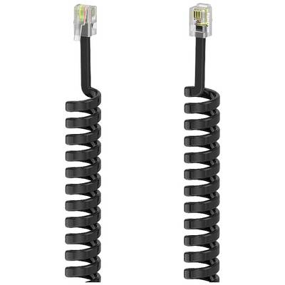 Cordon téléphonique spiralé avec deux fiches RJ11, adapté aux téléphones fixes.