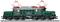 Modèle vert d'une locomotive électrique historique avec deux pantographes sur des rails, vue de côté, riche en détails.