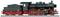 Locomotive à vapeur noire avec des roues rouges sur des rails, vue latérale. Essentielle pour le contexte des transports historiques ou des modèles réduits ferroviaires.